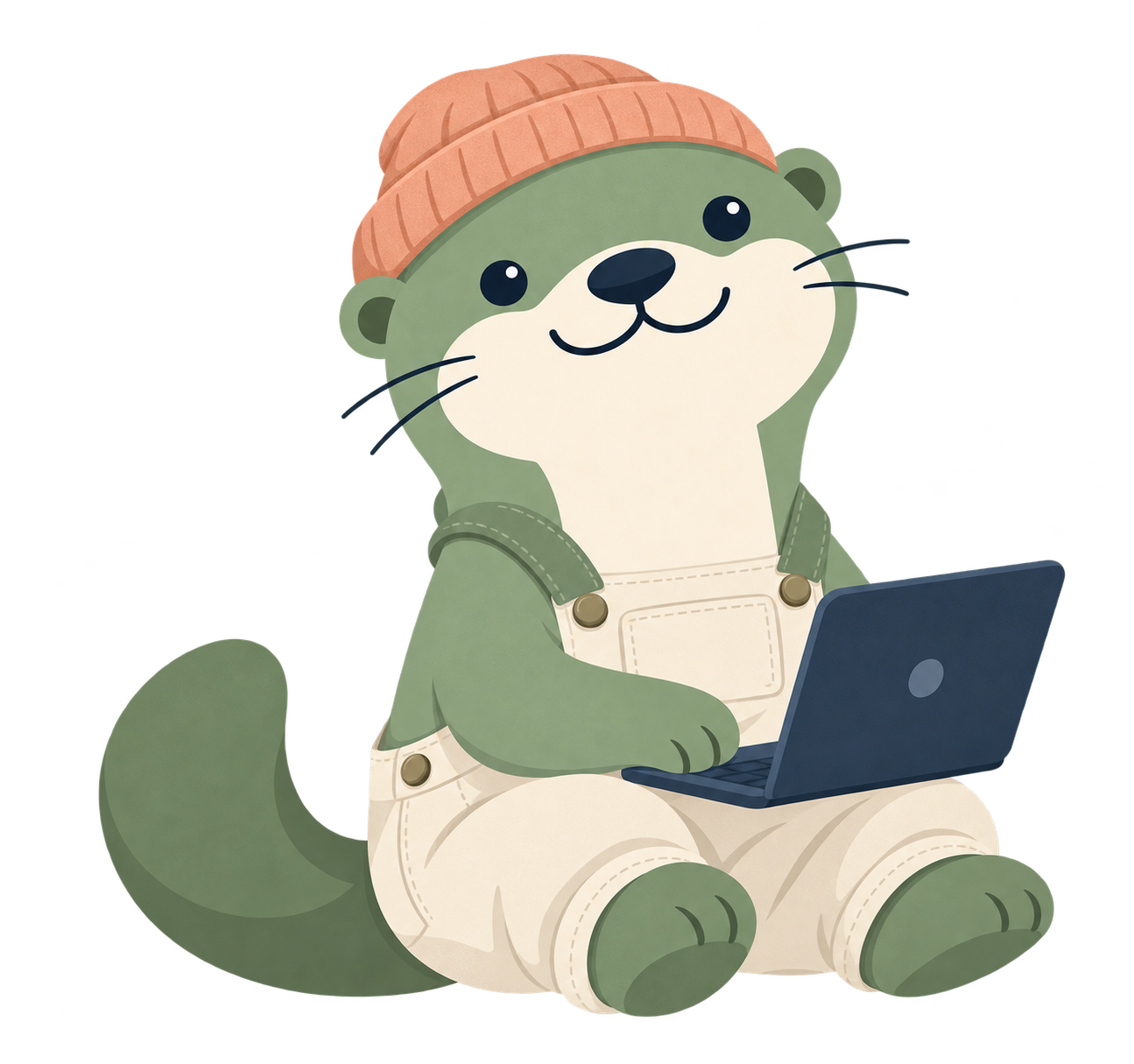 Geniusly’s otter building with a laptop, work overalls, and a peach beanie