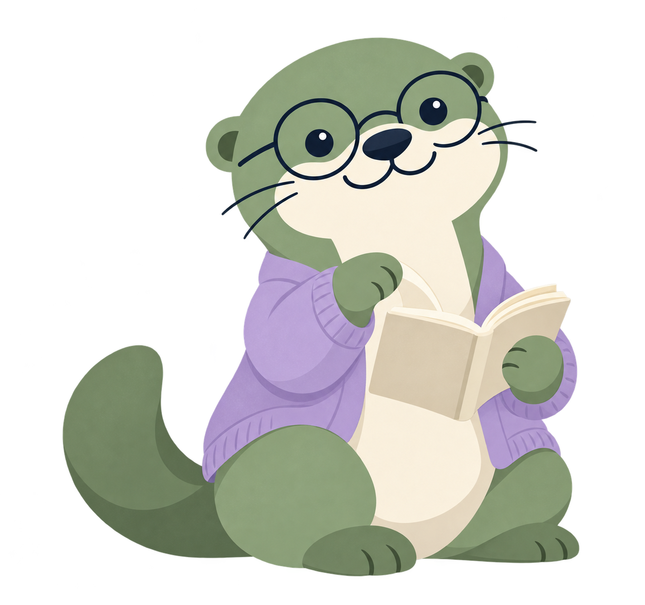 Geniusly’s otter reading a book in glasses and a lavender cardigan